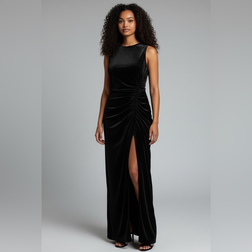 Veronica Beard silk velvet Elegant Black ruched Maxi sleeveless Dress romantic - Picture 2 of 15